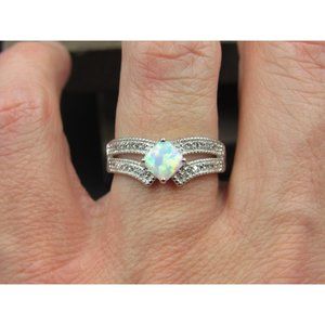 Size 7 Sterling Silver Square White Opal With Cubic Zirconia Band Ring